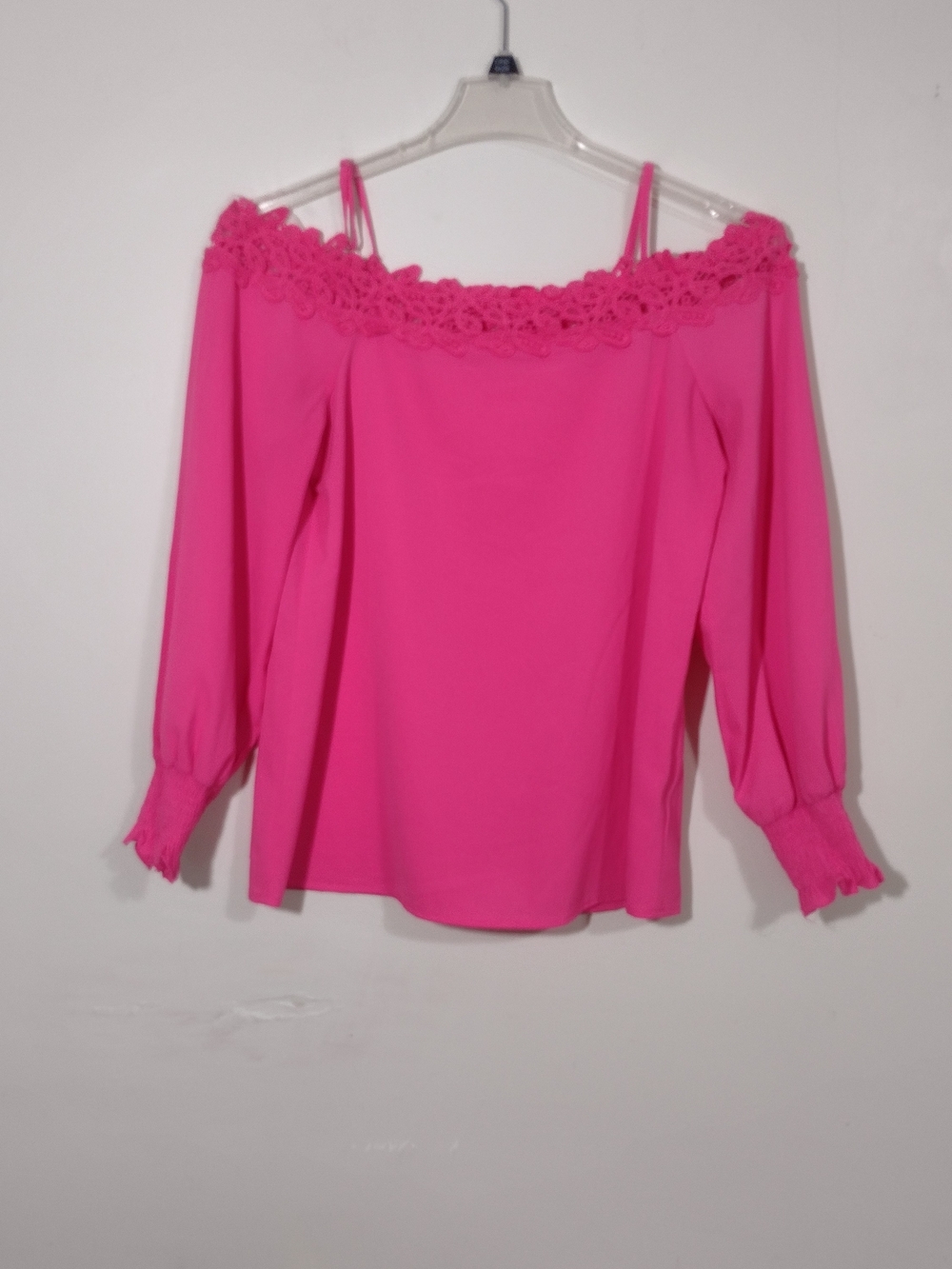 Off-Shoulder Crochet Trim Blouse - Hot Pink Sz Small